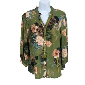 Calessa Floral Blouse‎ Womens L Green Boho Peony Button Up Whimsical Bloomcore